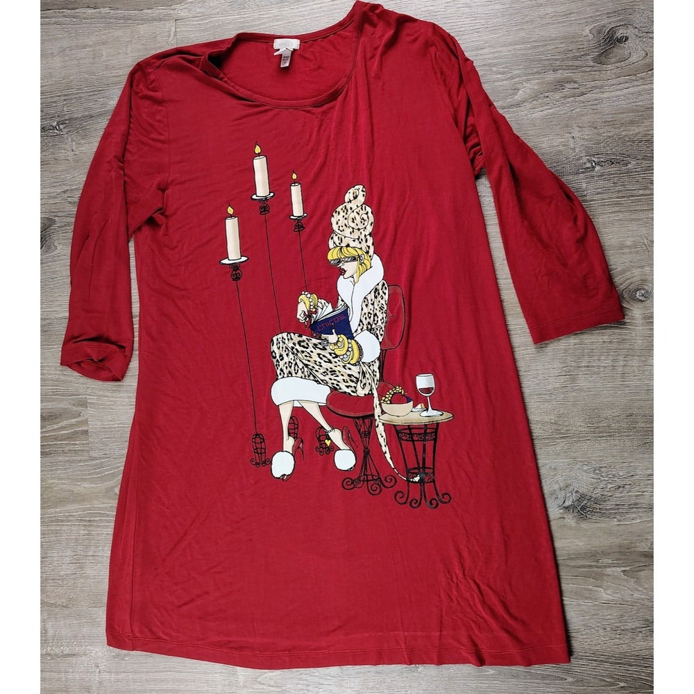 Y2K Chicos Night Gown Shirt L/XL Rayon Lady Reading Candles Whimsical Art